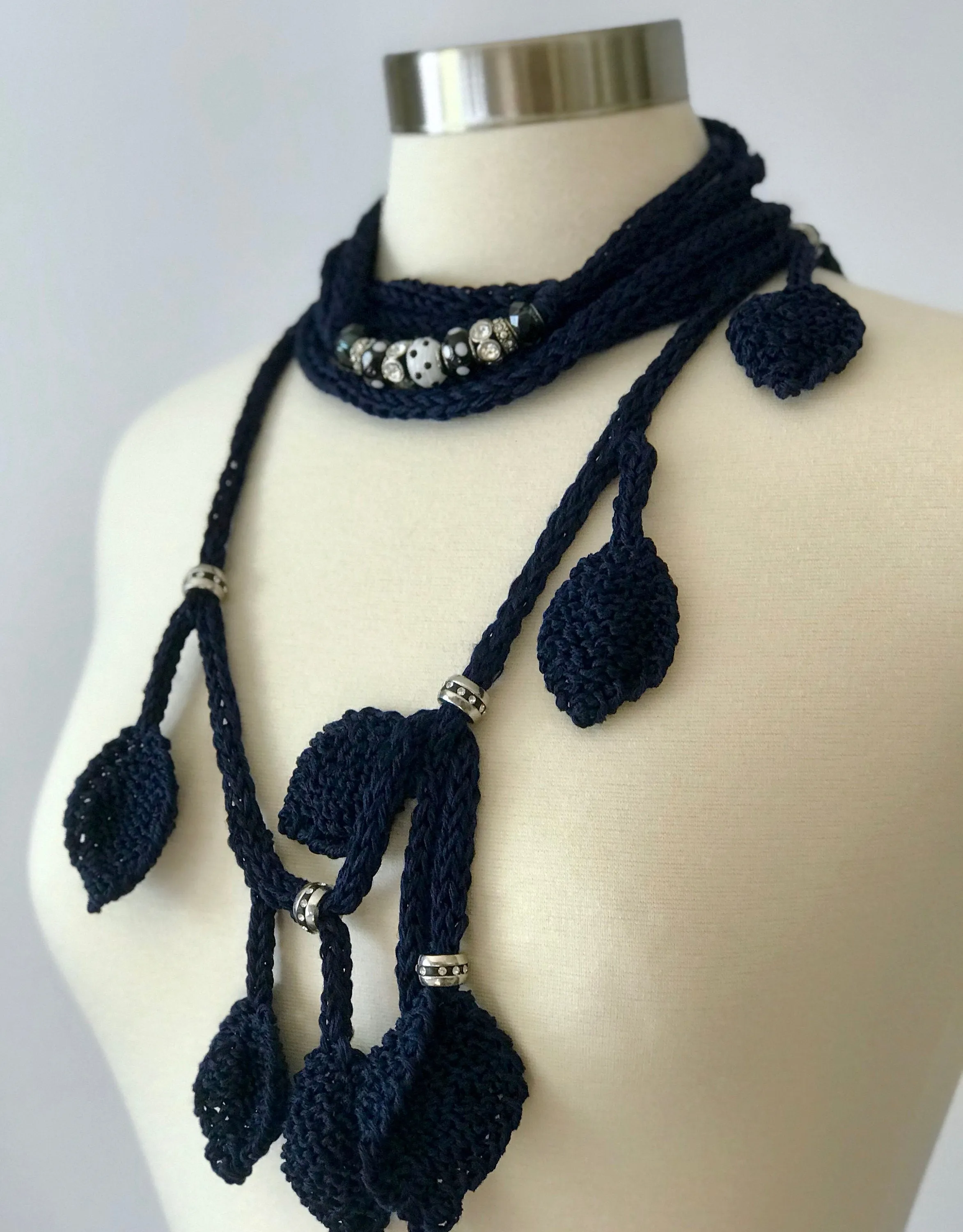 Knitted Lariat Scarf in Leaves Pattern, Scarf Necklace  in Dark Navy Color