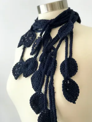 Knitted Lariat Scarf in Leaves Pattern, Scarf Necklace  in Dark Navy Color