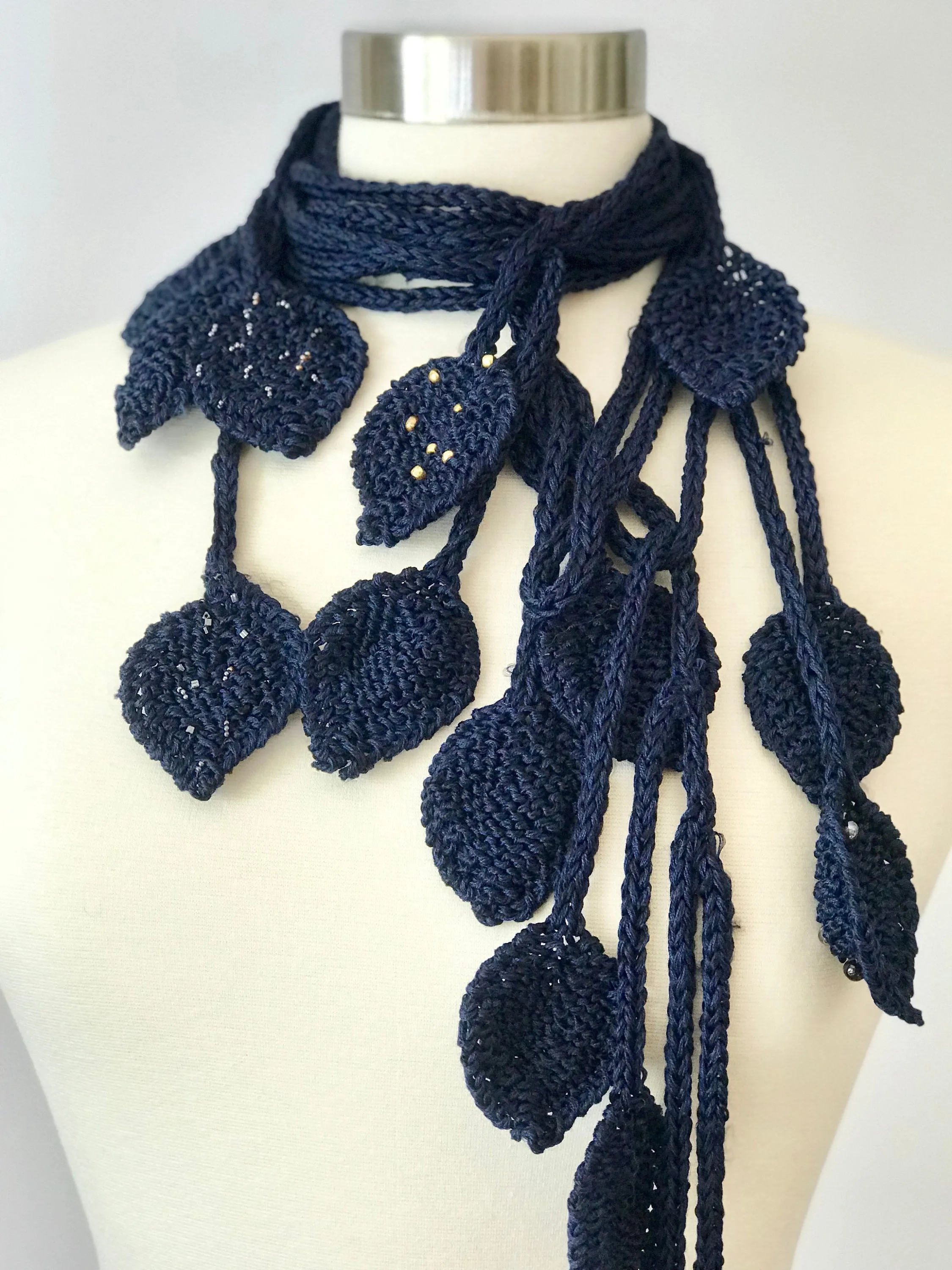 Knitted Lariat Scarf in Leaves Pattern, Scarf Necklace  in Dark Navy Color