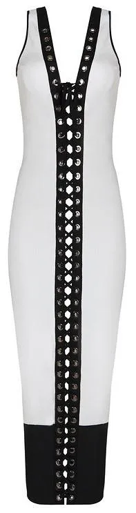 Lace-Up Bodycon Bicolor Dress, White & Black