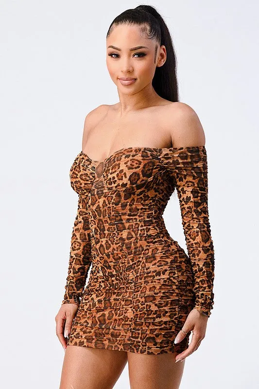 LEOPARD OFF SHOULDER STRETCH MESH BODYCON DRESS