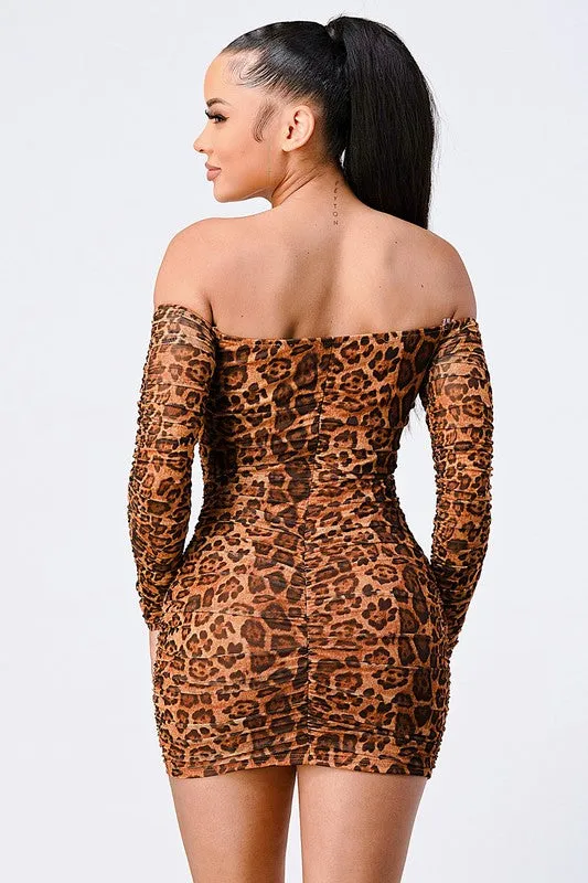 LEOPARD OFF SHOULDER STRETCH MESH BODYCON DRESS