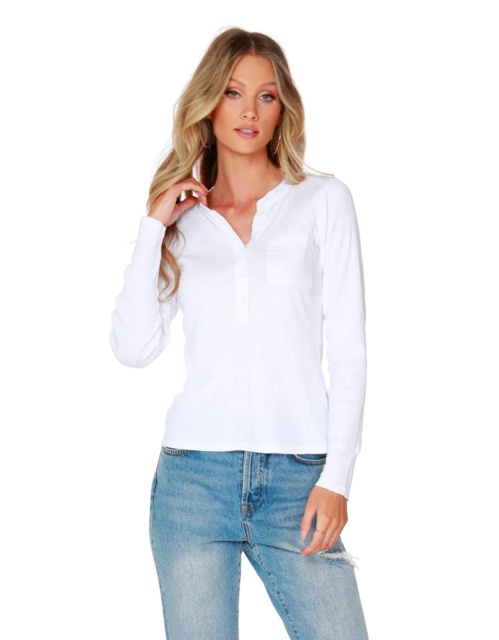 Long Sleeve Henley Pocket Tee - White