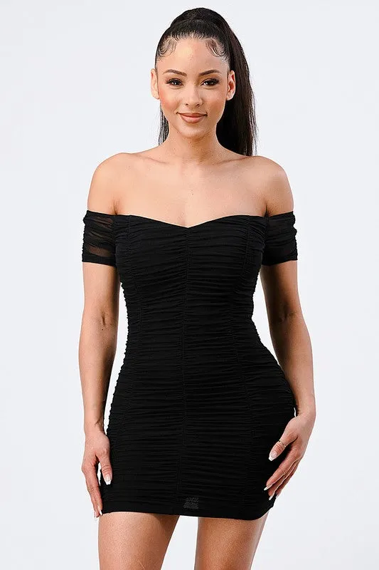 LUX OFF SHOULDER STRETCH RUCHED BODYCON MINI DRESS