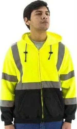 MAJESTIC - HI-VIS  Zippered Front Hooded w/Pockets ANSI Class 3 w/Black Waist Area/ Yellow