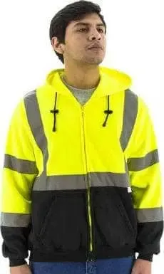 MAJESTIC - HI-VIS  Zippered Front Hooded w/Pockets ANSI Class 3 w/Black Waist Area/ Yellow