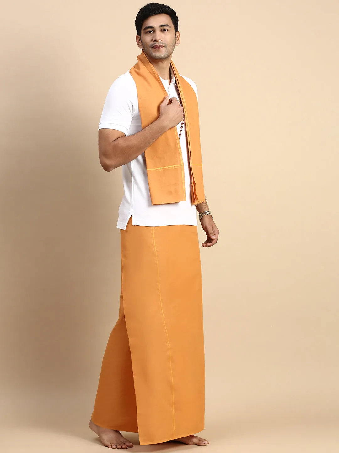 Men Devotional Small Border Dhoti with Towel & TShirt Set Kavi EP1