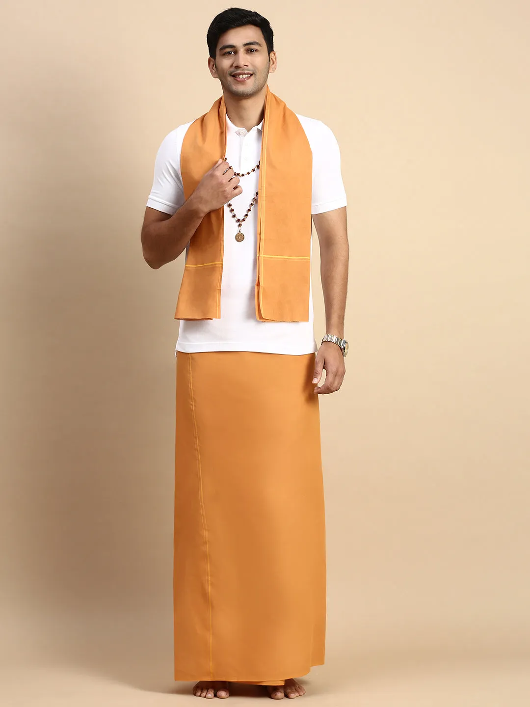 Men Devotional Small Border Dhoti with Towel & TShirt Set Kavi EP1