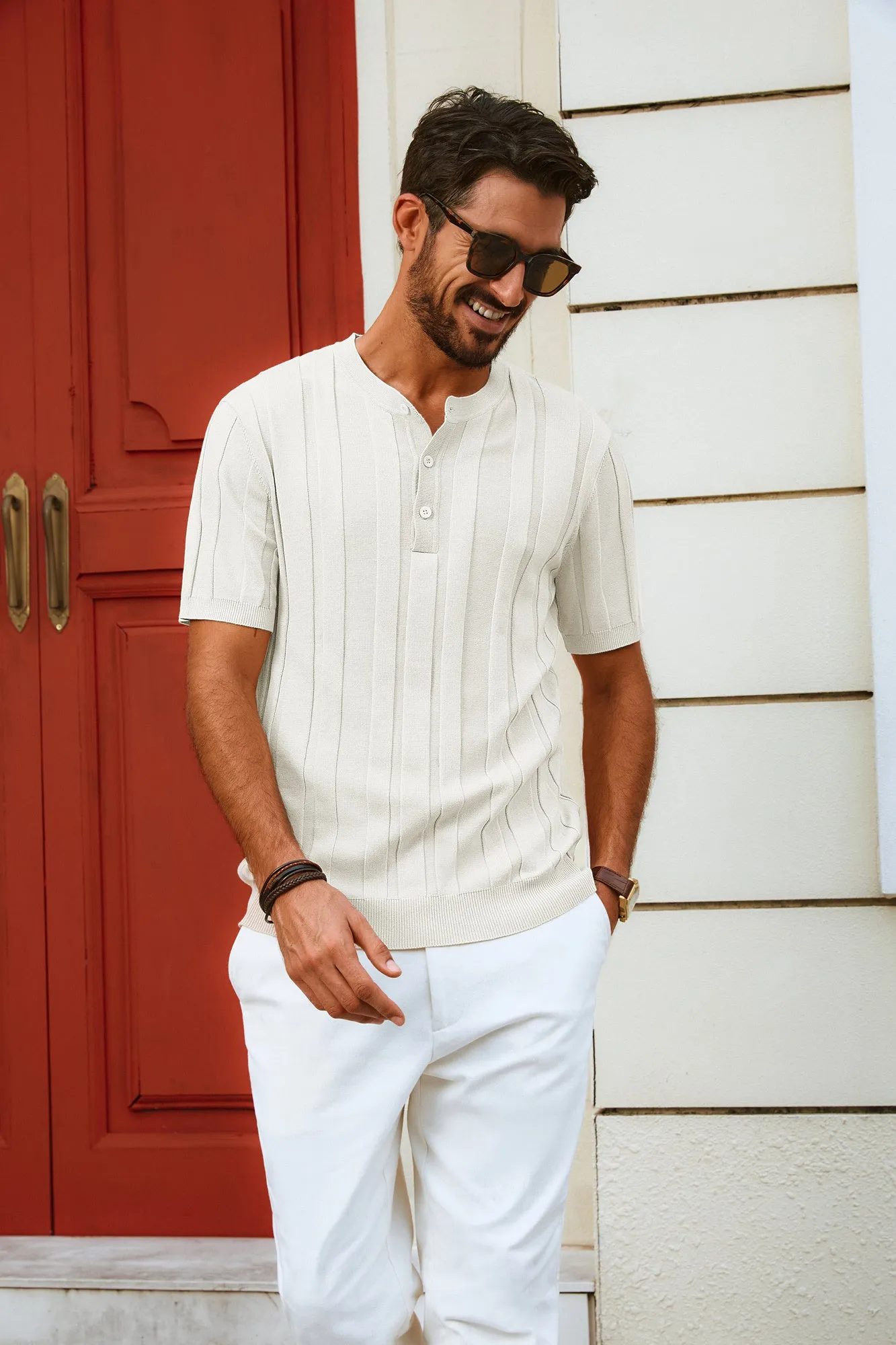 Men Textured Knitted T-Shirt Short Sleeve Henley Neck Knitwear Tops