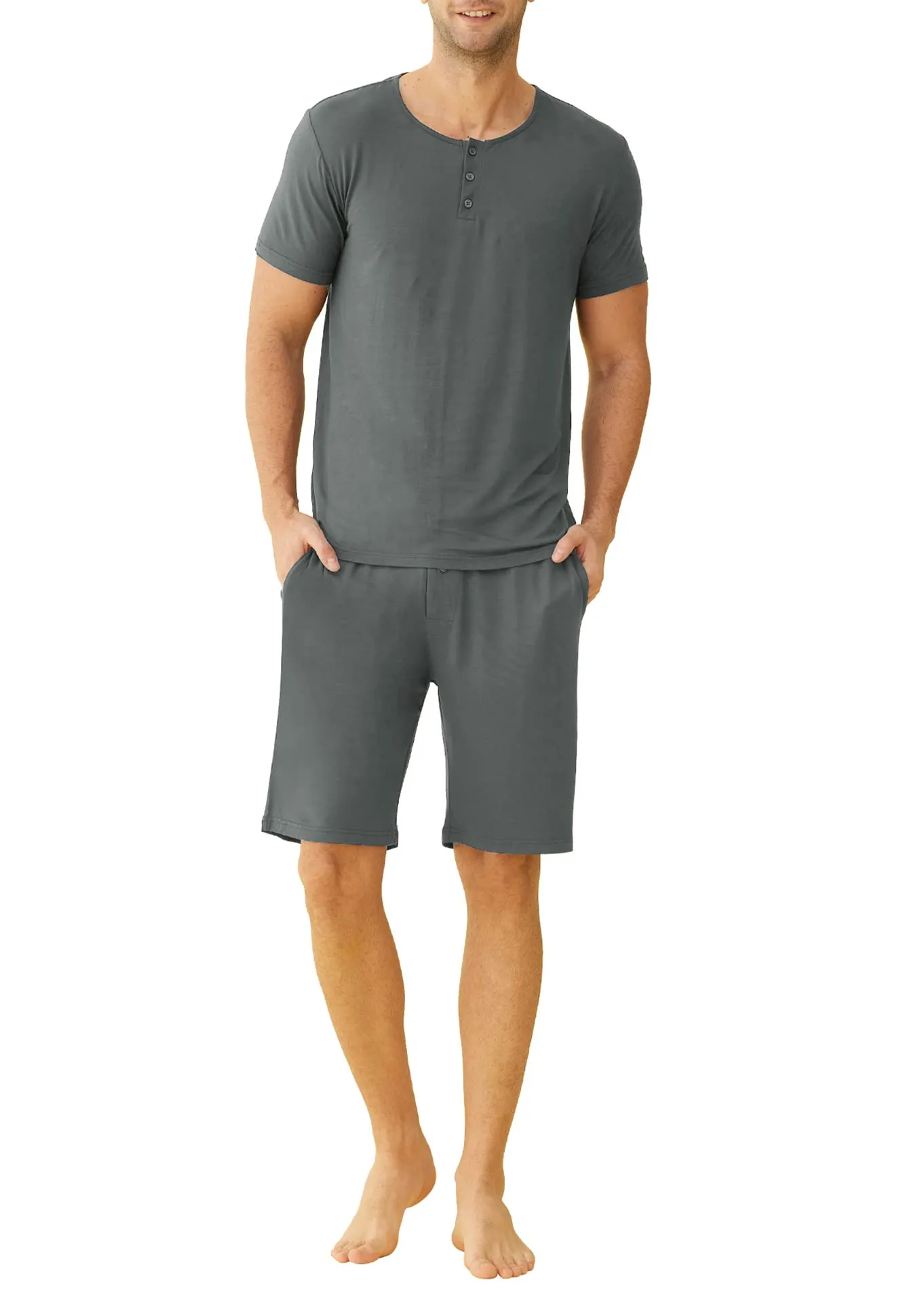 Men's Bamboo Viscose Henley Shirt Lounge Shorts Pajama Set