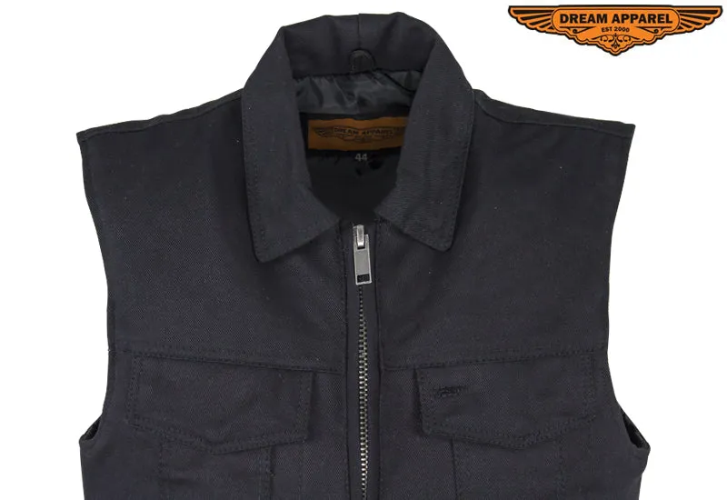 Men’s Black Denim Motorcycle Club Vest with Folded Collar & Hidden Snaps