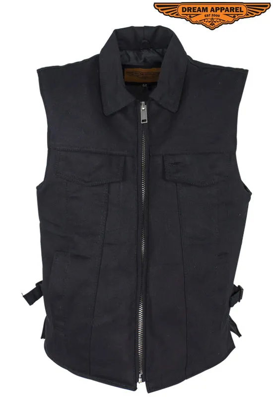 Men’s Black Denim Motorcycle Club Vest with Folded Collar & Hidden Snaps