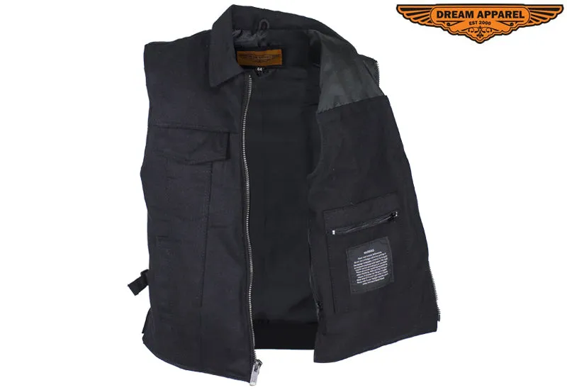 Men’s Black Denim Motorcycle Club Vest with Folded Collar & Hidden Snaps