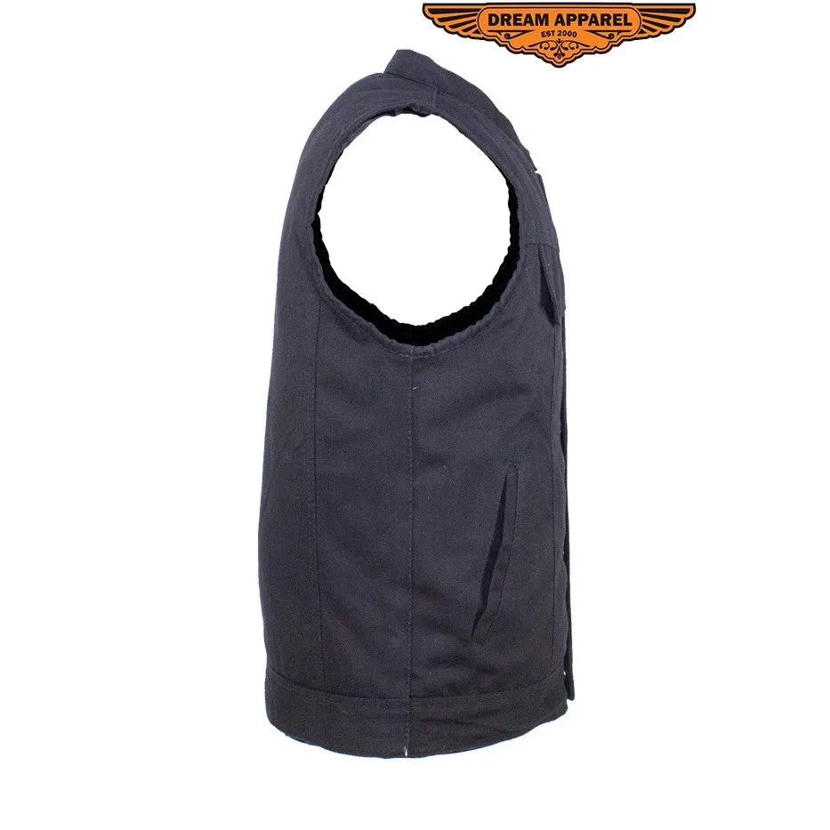 Mens Black Denim Motorcycle Vest With Zipper & Button Snap Front Closure