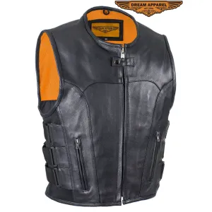 Men's Black Leather Vest with Neoprene Sides