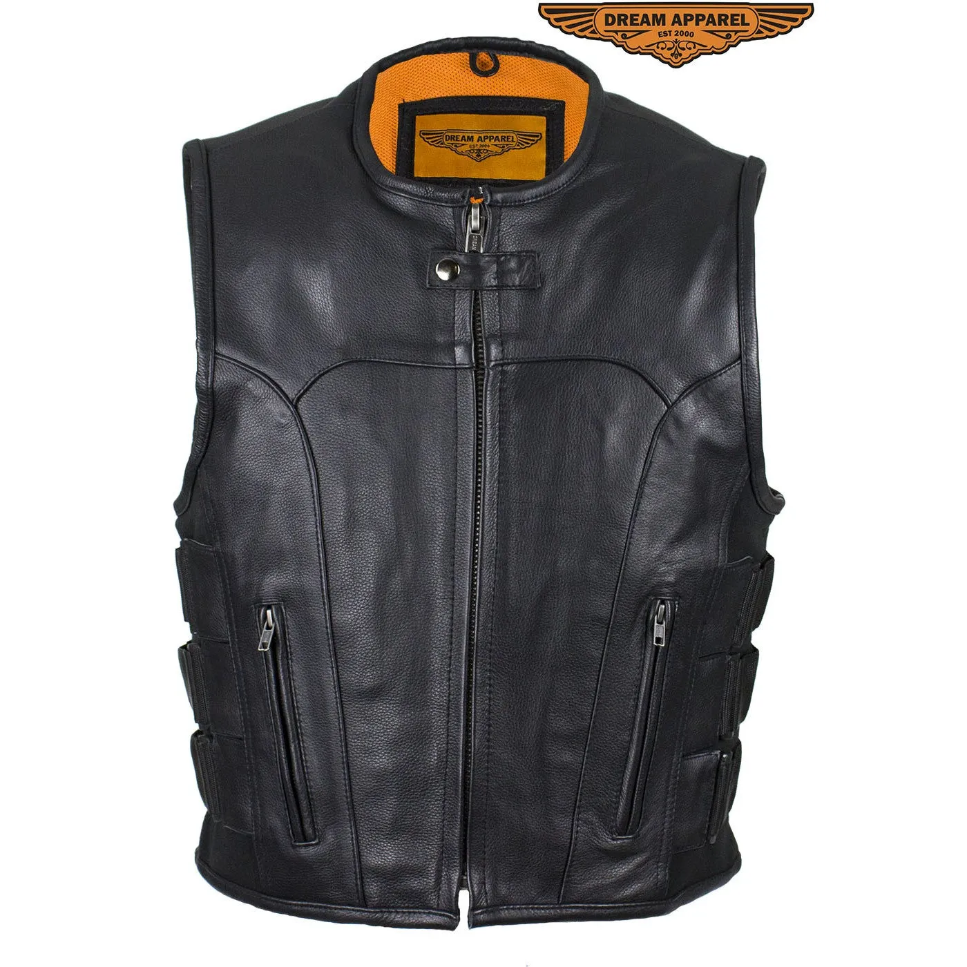 Men's Black Leather Vest with Neoprene Sides