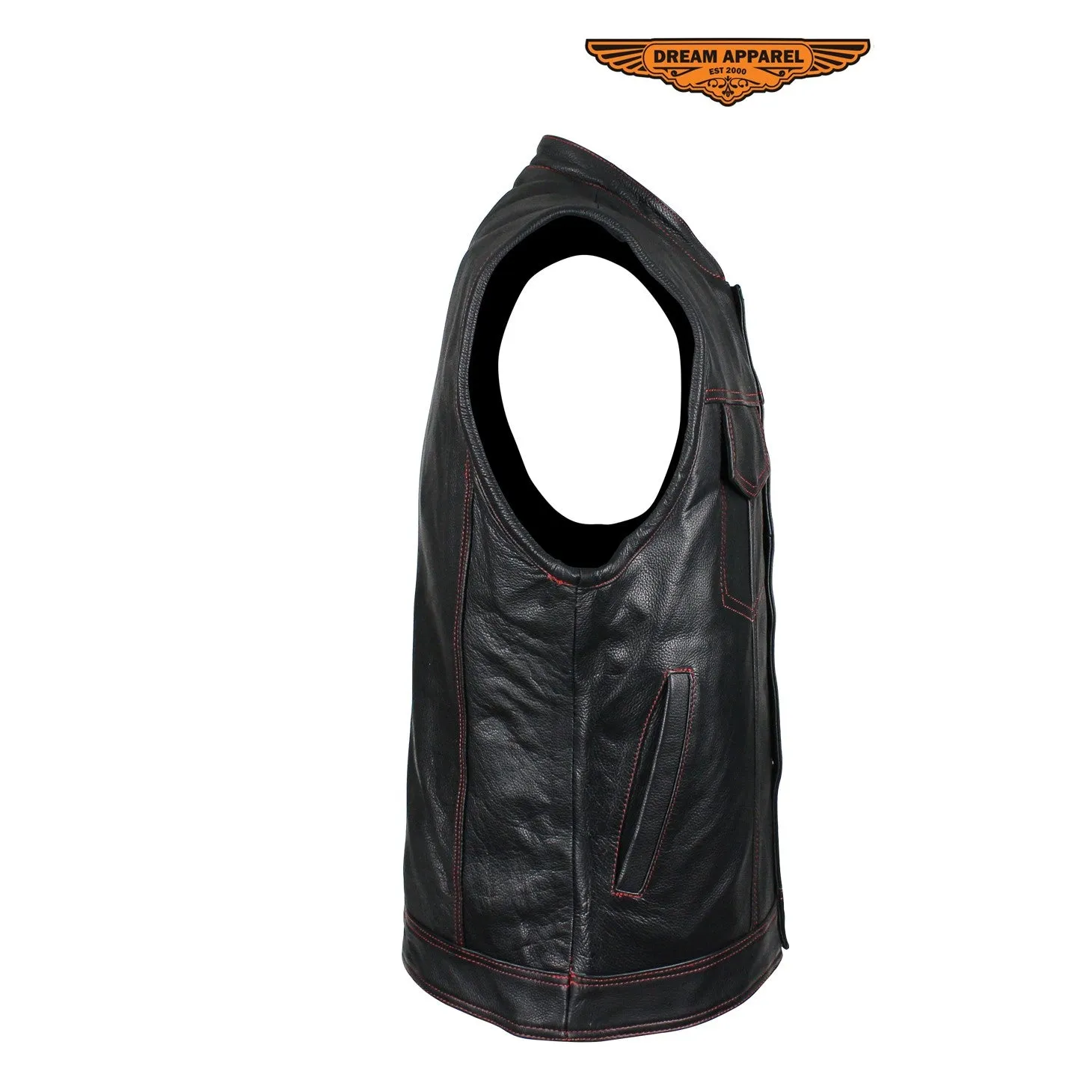 Men's Black Naked Cowhide Leather Motorcycle Vest W/ Red Stitching