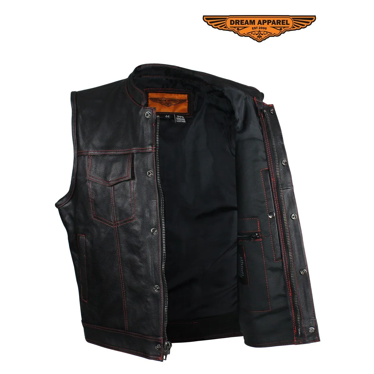 Men's Black Naked Cowhide Leather Motorcycle Vest W/ Red Stitching