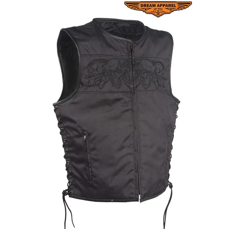 Men's Black Textile Motorcycle Vest With Reflective Skulls Across Chest & Back