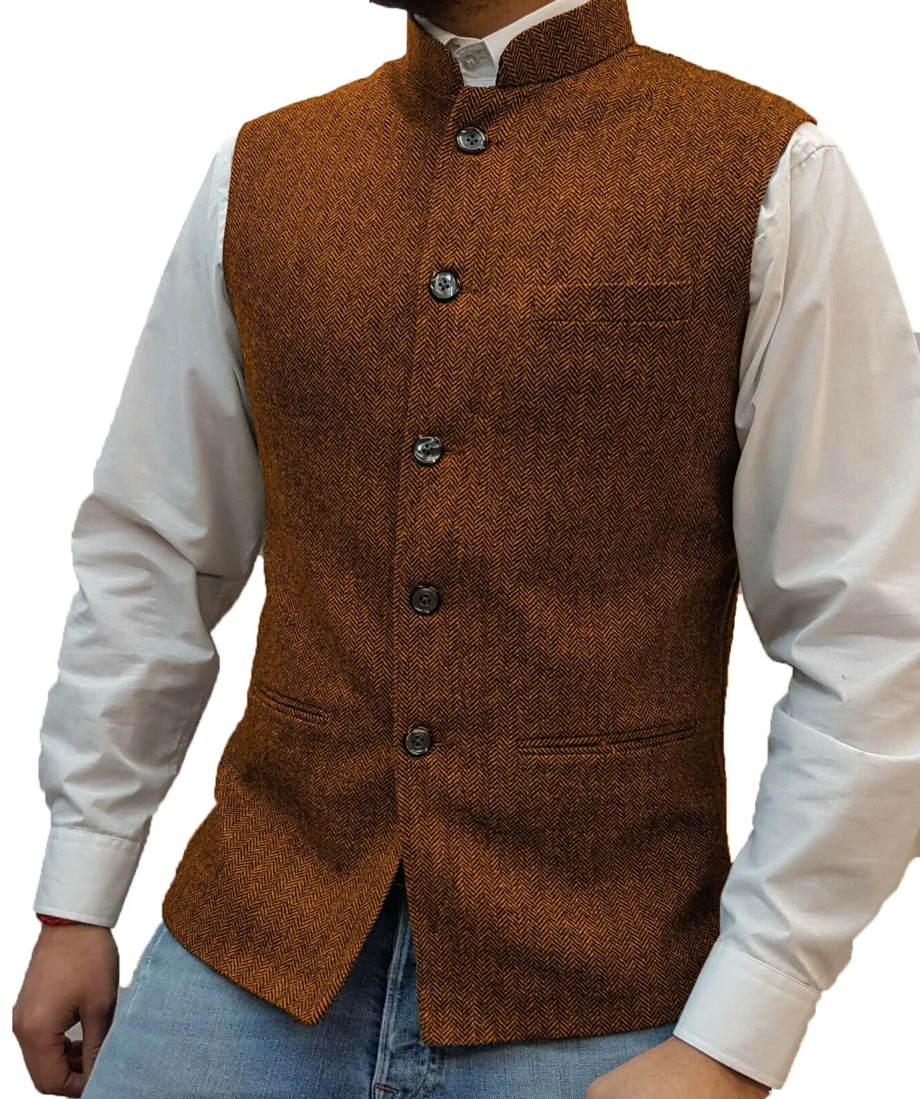 Men's Casual Slim Fit herringbone Stand Collar Waistcoat