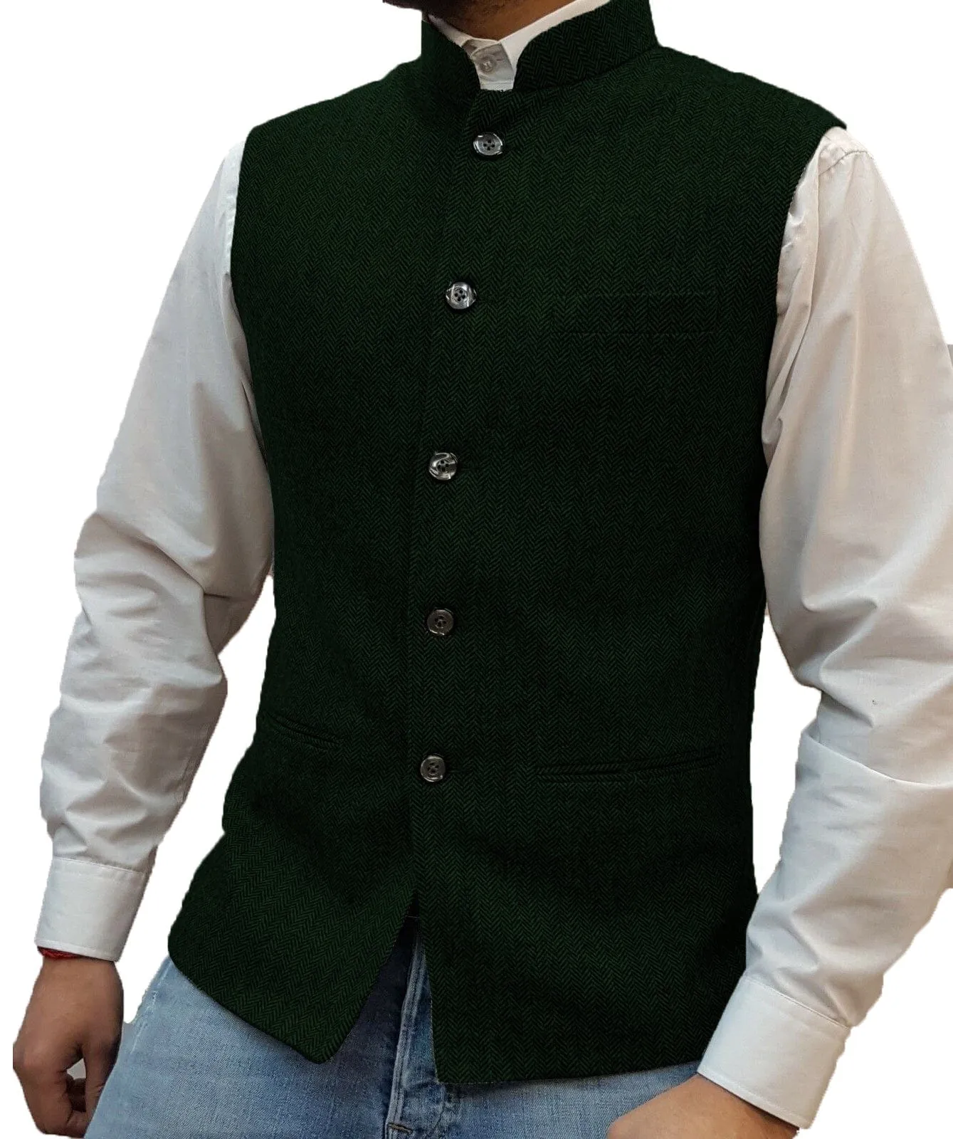 Men's Casual Slim Fit herringbone Stand Collar Waistcoat