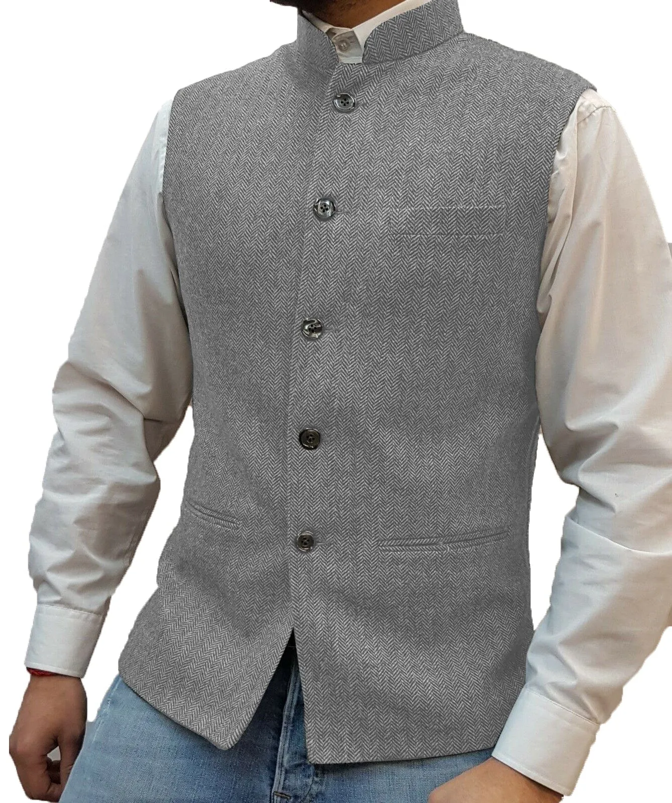 Men's Casual Slim Fit herringbone Stand Collar Waistcoat