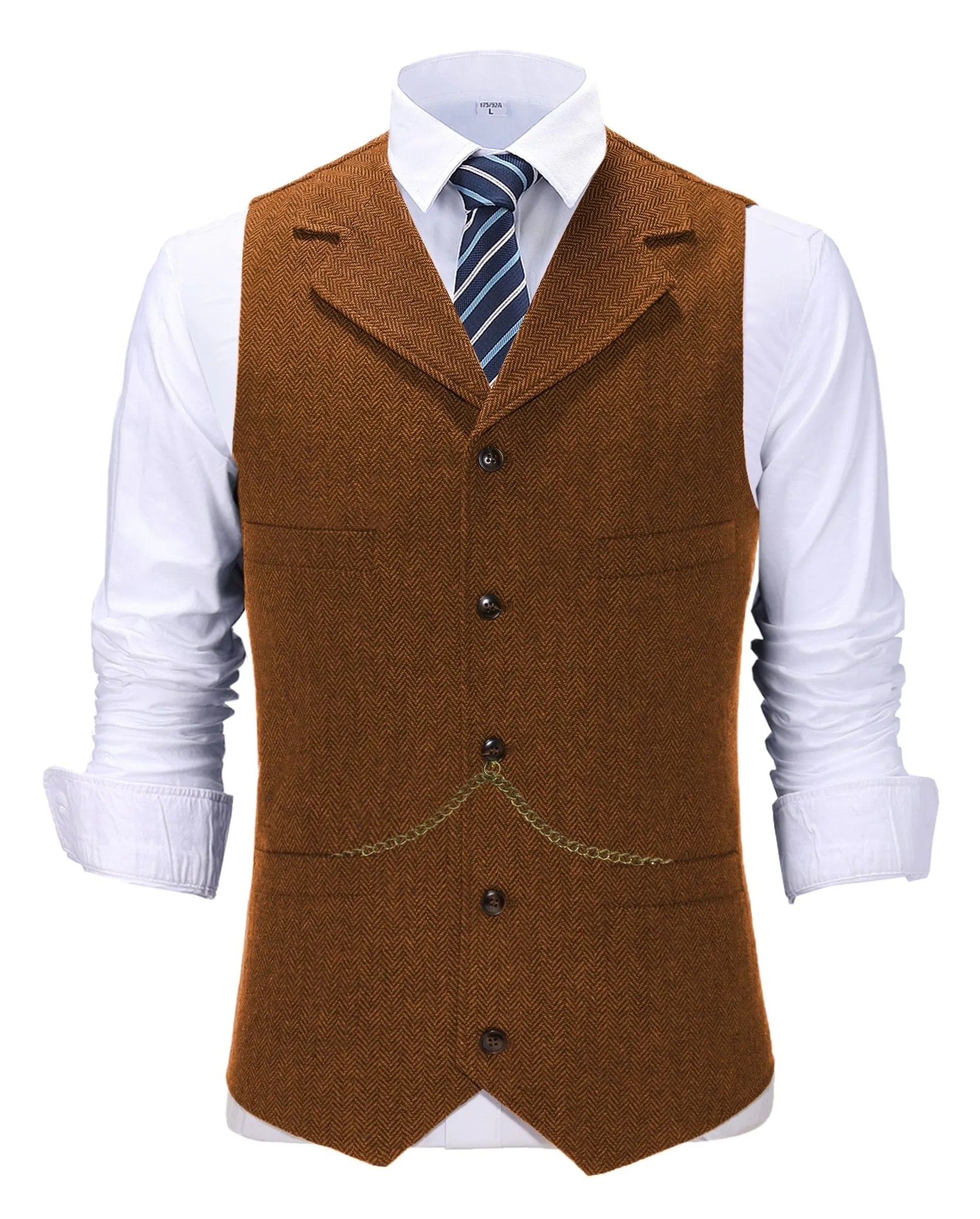 Men's Classic Slim Fit Vest Tweed Herringbone Casual Notch Lapel Waistcoat