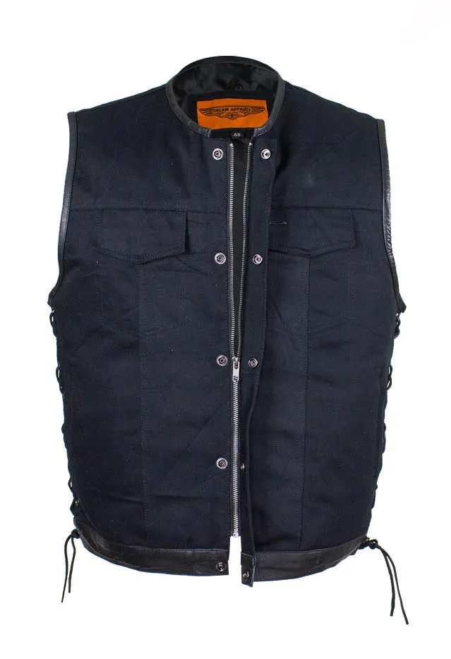 Men's Denim Gun Pocket Club Vest with Side Laces Leather Trim on Neck, Sleeves & bottom