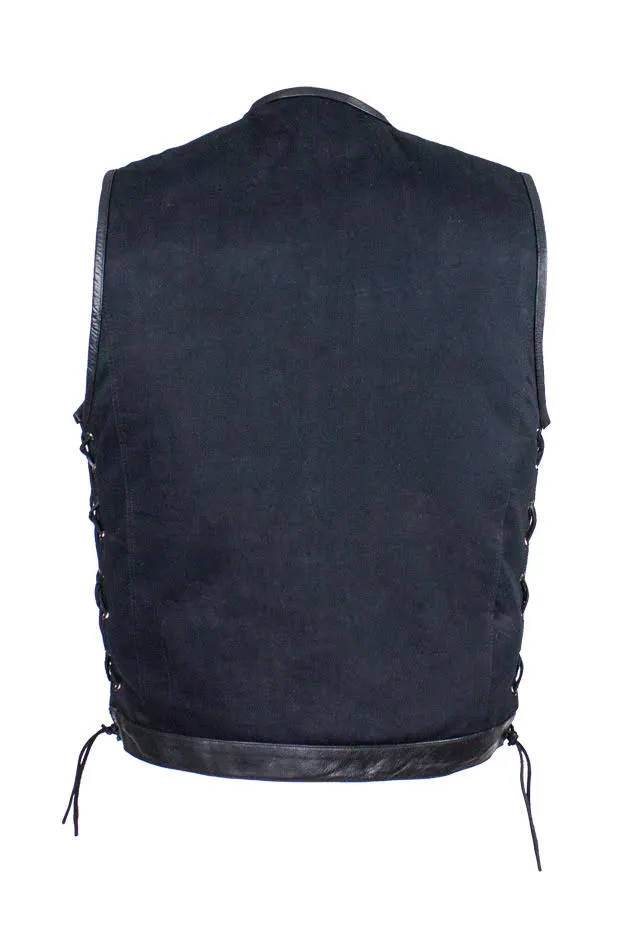 Men's Denim Gun Pocket Club Vest with Side Laces Leather Trim on Neck, Sleeves & bottom