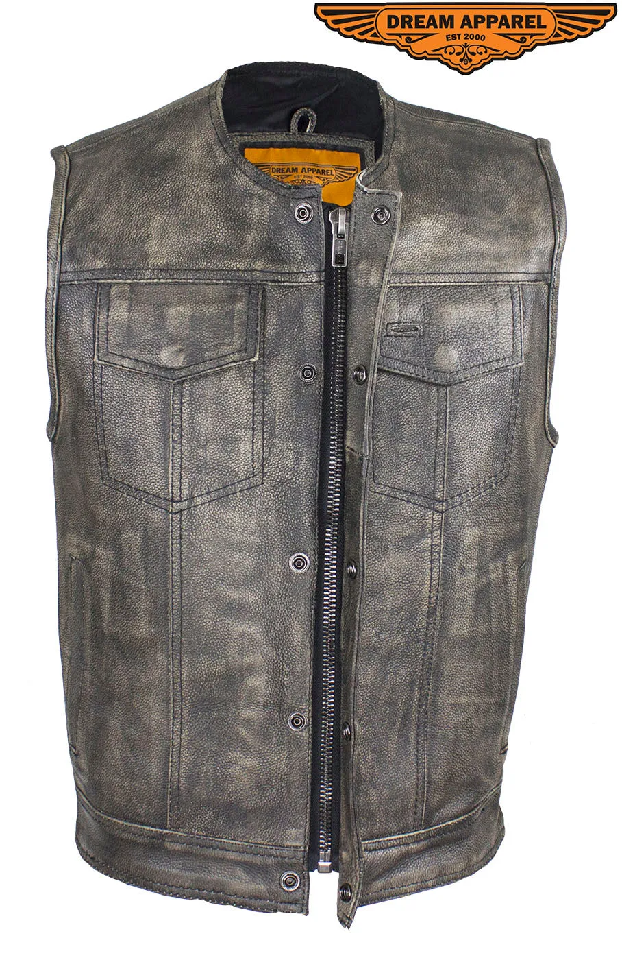 Mens Distressed Brown Leather Motorcycle Club Vest With Zipper & No Collar