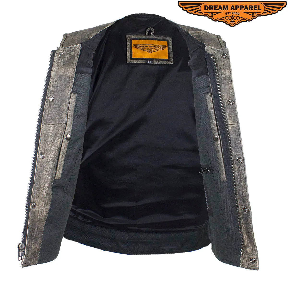 Mens Distressed Brown Leather Motorcycle Club Vest With Zipper & No Collar