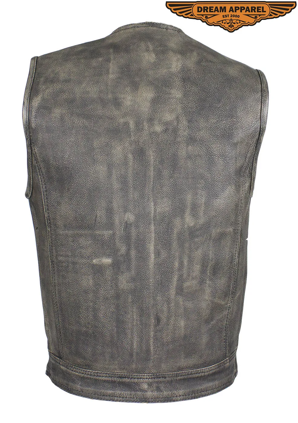 Mens Distressed Brown Leather Motorcycle Club Vest With Zipper & No Collar