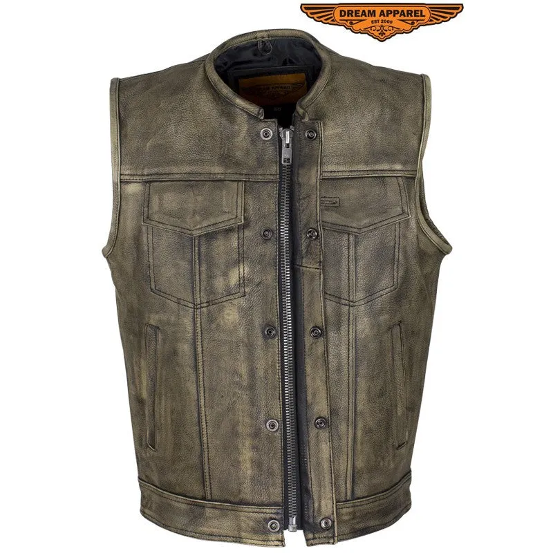 Men's Distressed Brown Leather Motorcycle Club Vest