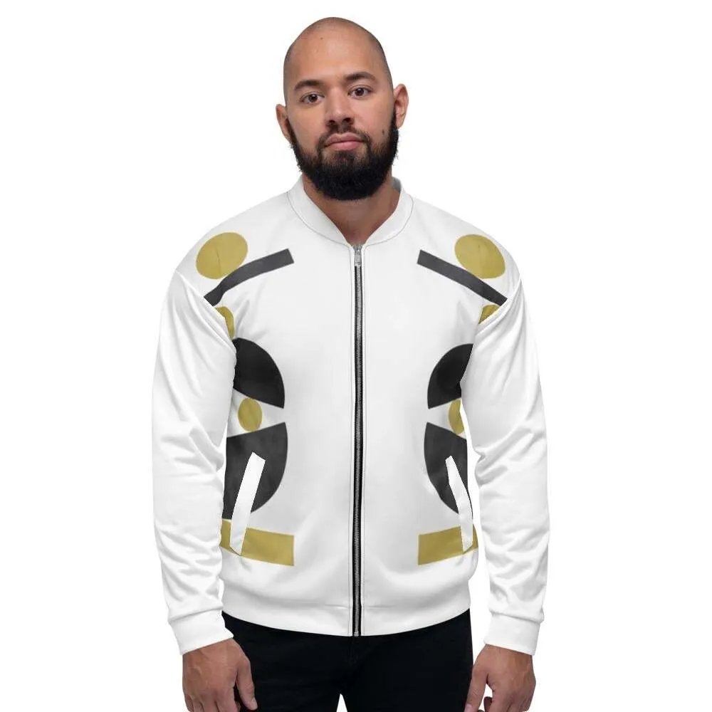 Mens Jacket - Retro Geometric Style Bomber Jacket White/Beige