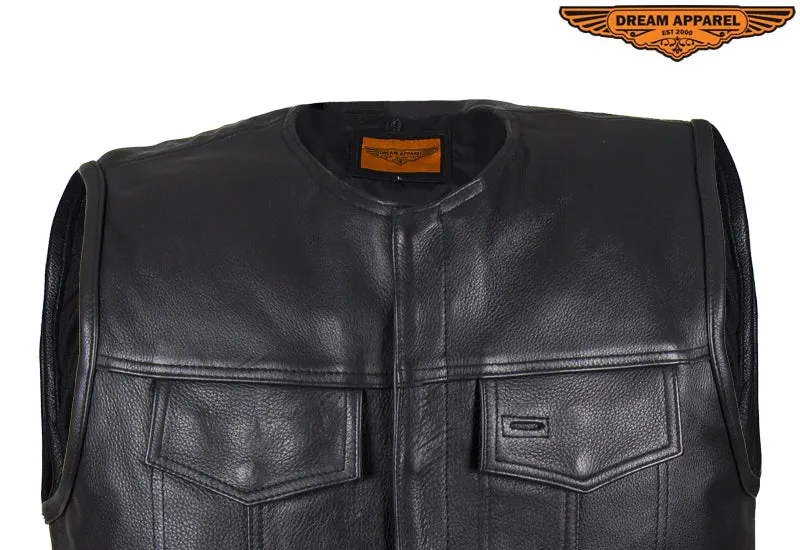 Mens Leather Motorcycle Club Vest With Zipper & No Collar