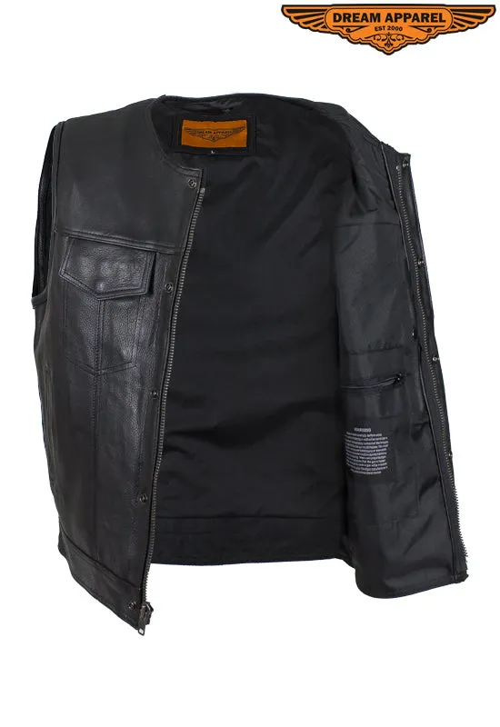 Mens Leather Motorcycle Club Vest With Zipper & No Collar