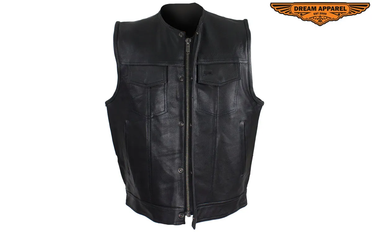 Mens Leather Motorcycle Club Vest With Zipper & No Collar