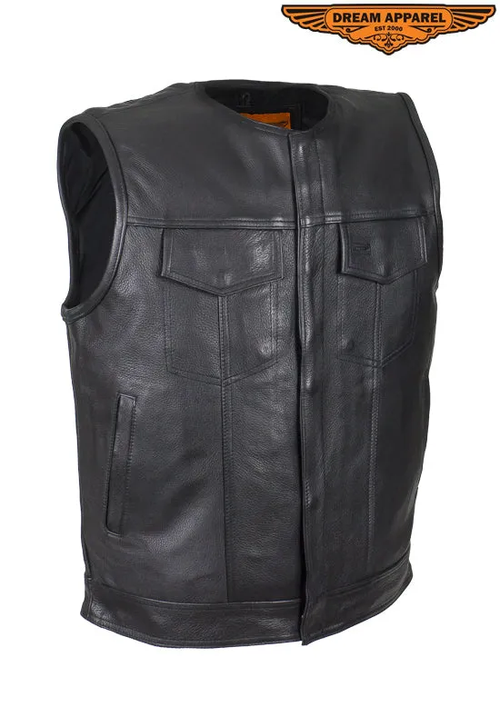 Mens No Collar Leather Motorcycle Club  Vest With Black Liner