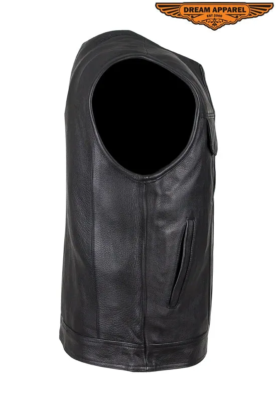 Mens No Collar Leather Motorcycle Club  Vest With Black Liner