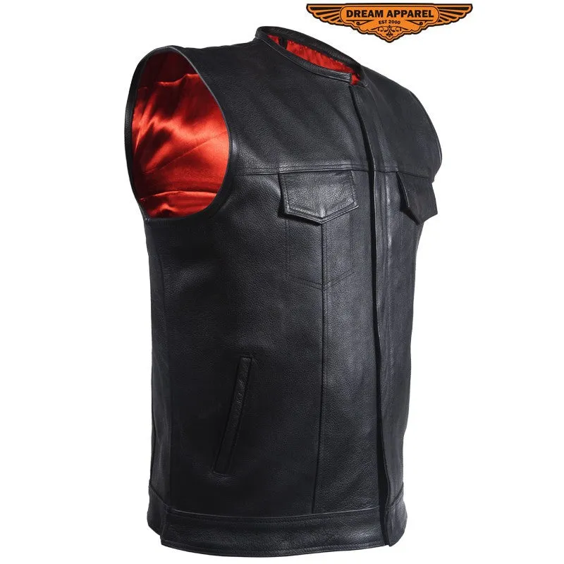 Mens No Collar Leather Motorcycle Club Vest With Red Liner MV8002-11