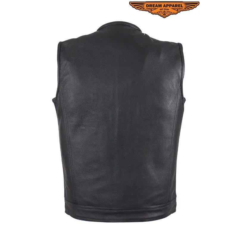 Mens No Collar Leather Motorcycle Club Vest With Red Liner MV8002-11