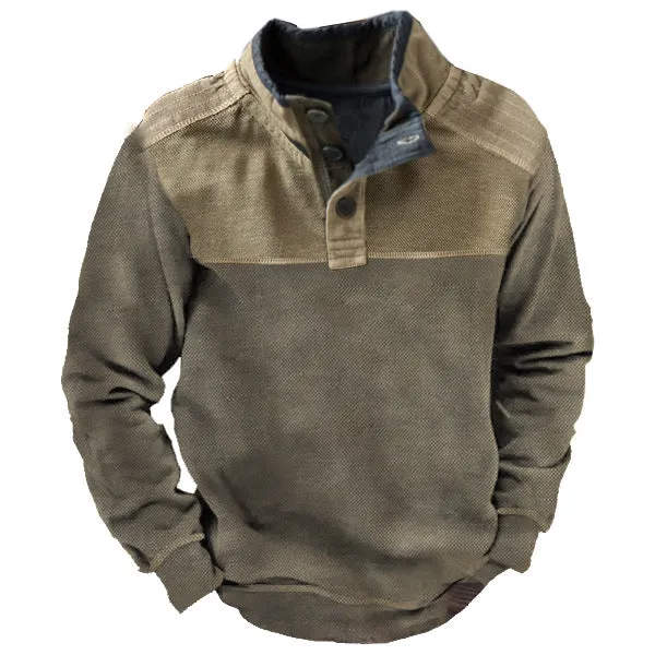 Men's Outdoor American Flag Henley Stand Collar Sweatshirt | 9DMQ