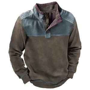 Men's Outdoor American Flag Henley Stand Collar Sweatshirt | 9DMQ