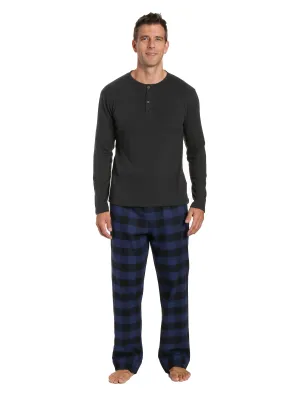 Mens Premium 100% Cotton Flannel Lounge Set - Gingham Checks - Black-Blue