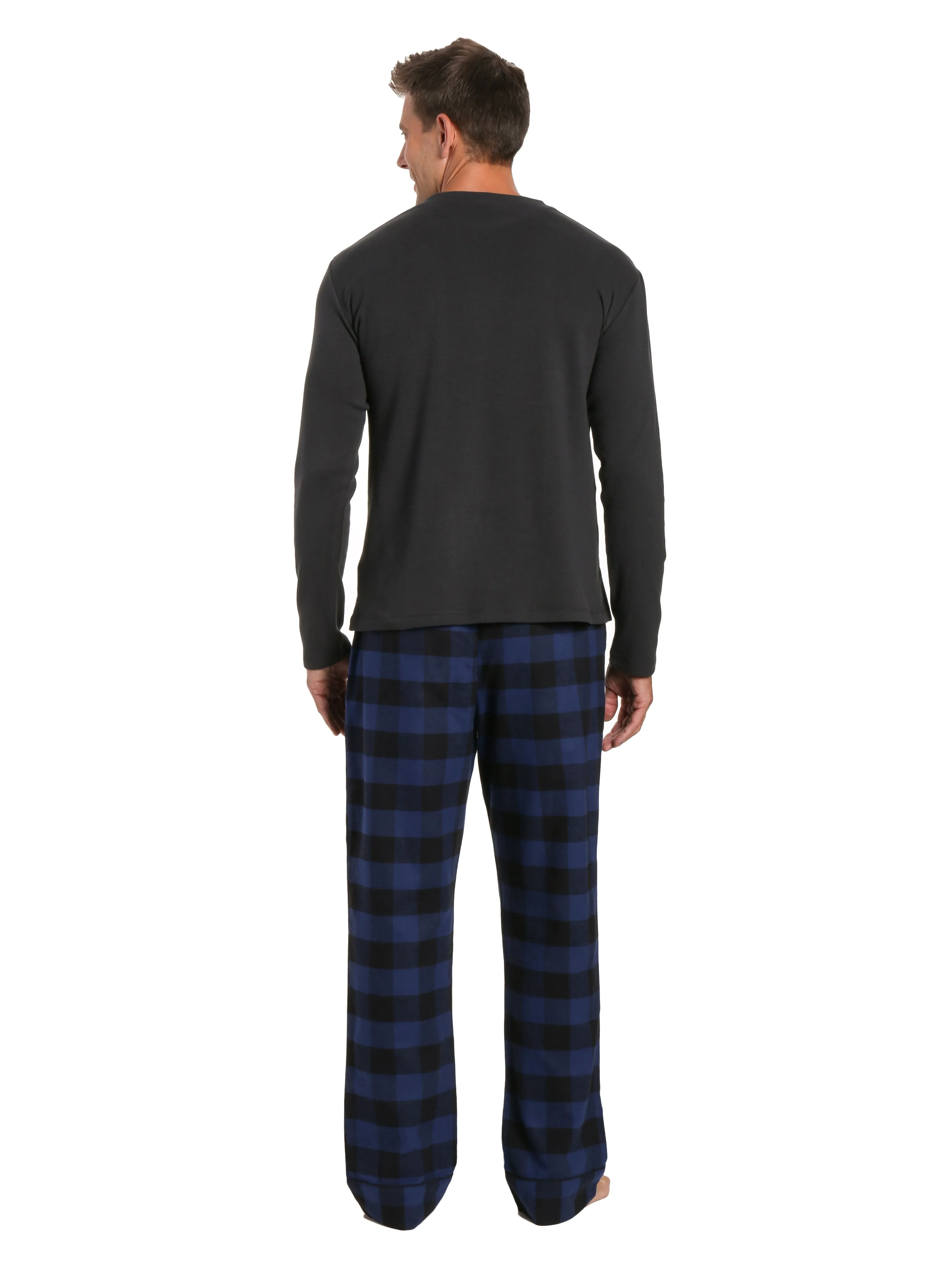 Mens Premium 100% Cotton Flannel Lounge Set - Gingham Checks - Black-Blue