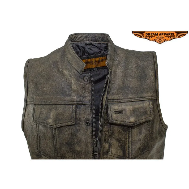 Mens SOA Style Motorcycle Club Distressed Brown Leather Biker Vest