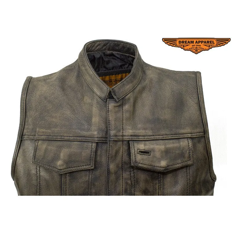 Mens SOA Style Motorcycle Club Distressed Brown Leather Biker Vest