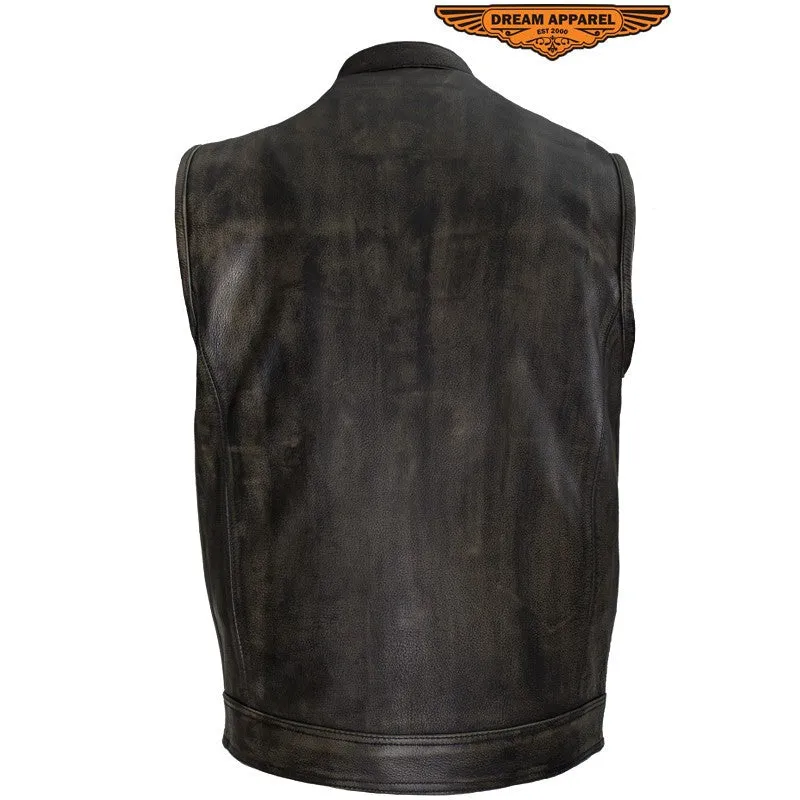 Mens SOA Style Motorcycle Club Distressed Brown Leather Biker Vest