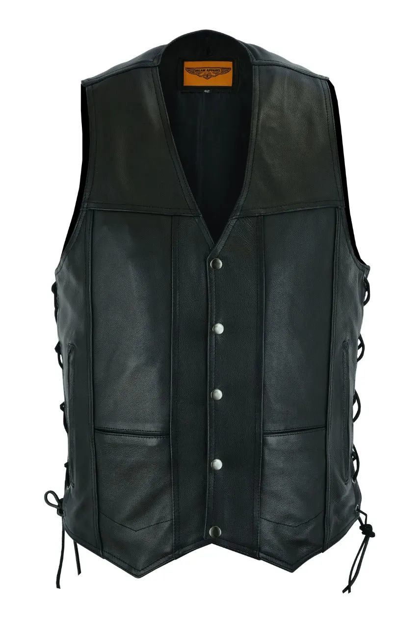 Mens Ten Pockets Premium Leather Vest with Concealed Carry Pockets & Side Laces