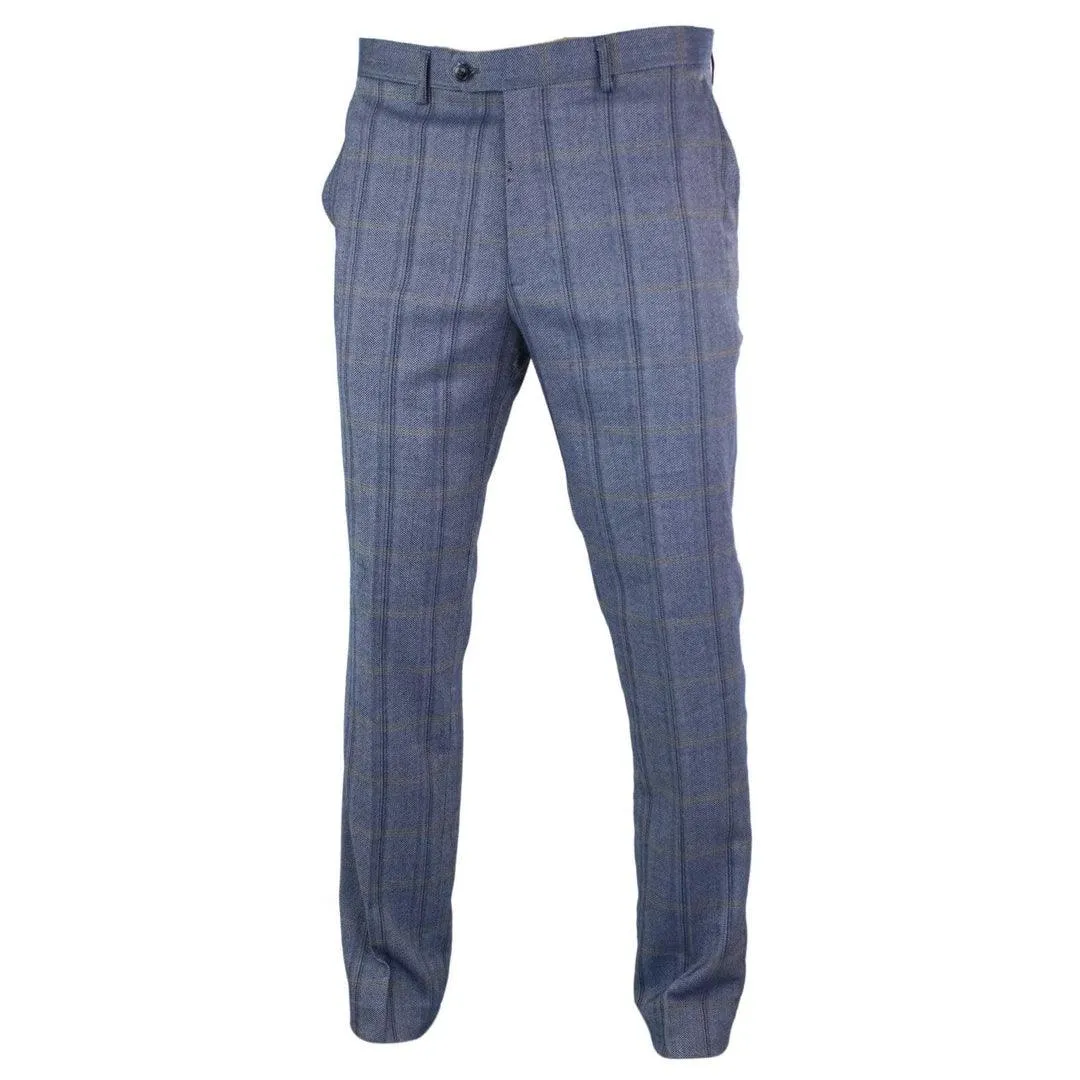 Mens Tweed Check Herringbone Blue Navy Tailored Fit Trousers Regular Length Blinders